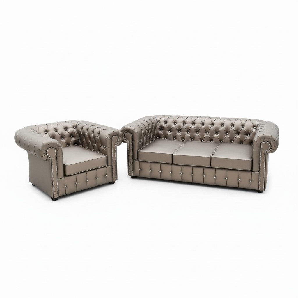 Chesterfield Sofa Set 3+1 Armchair Seaters Gold Faux Leather Upholstered New Living Room Couches