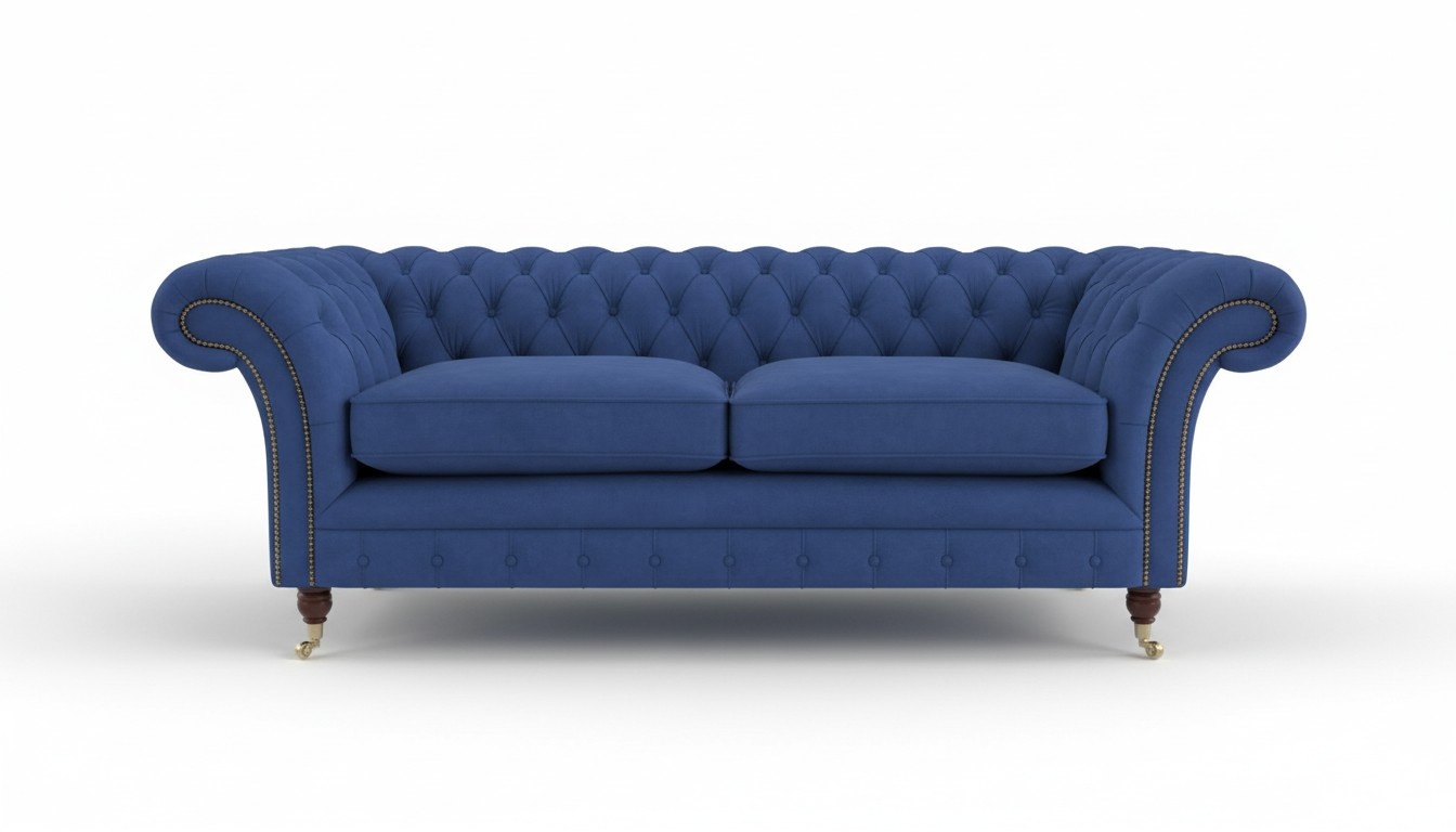 Premium Chesterfield Sofa 3-Seater Lavish Blue Textile Upholstery Couch on Castors Wheels New