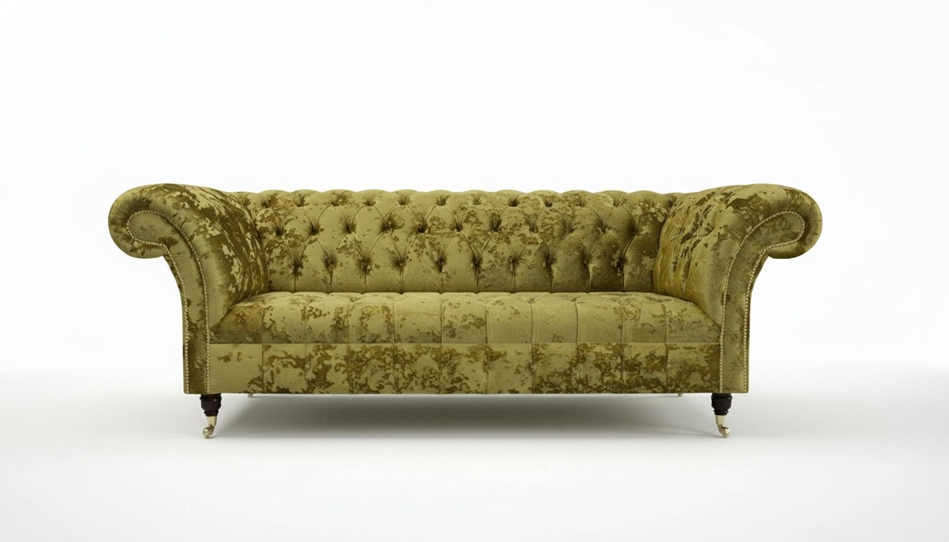 Chesterfield Sofa 3-Seater Yellow Textile Fabric Cosy Couch With Castors New