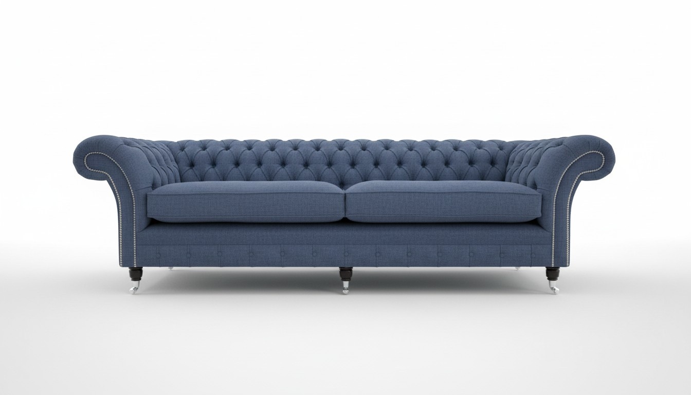 Chesterfield XXL Big Sofa 4-Seater Blue Textile Upholstered Comfortable Couch With Soft Pads New