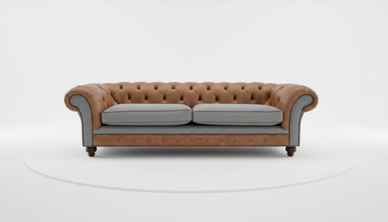 XXL Sofa 4-Seater Chesterfield With Buttons Brown Faux Leather Upholstered + Grey Textile New