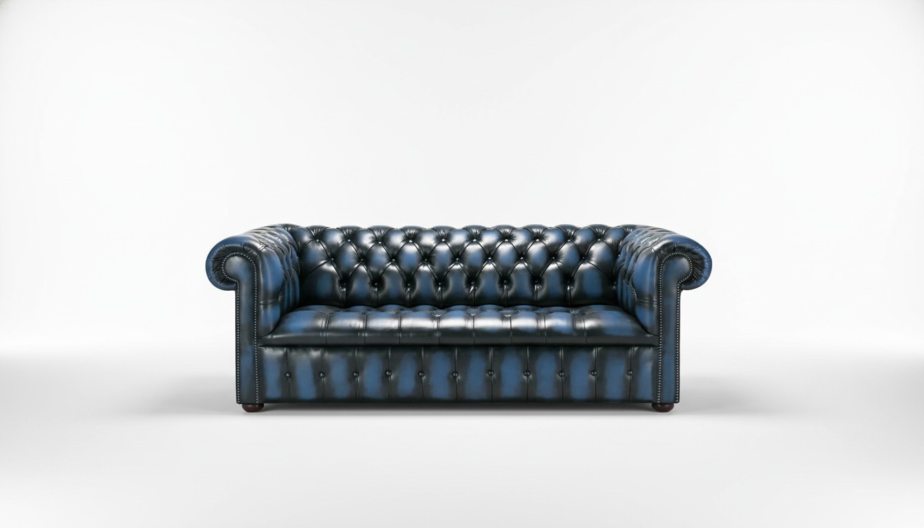 Chesterfield Classic 3-Seater Sofa Blue Faux Leather Rolled Armrest Couch Comfortable New
