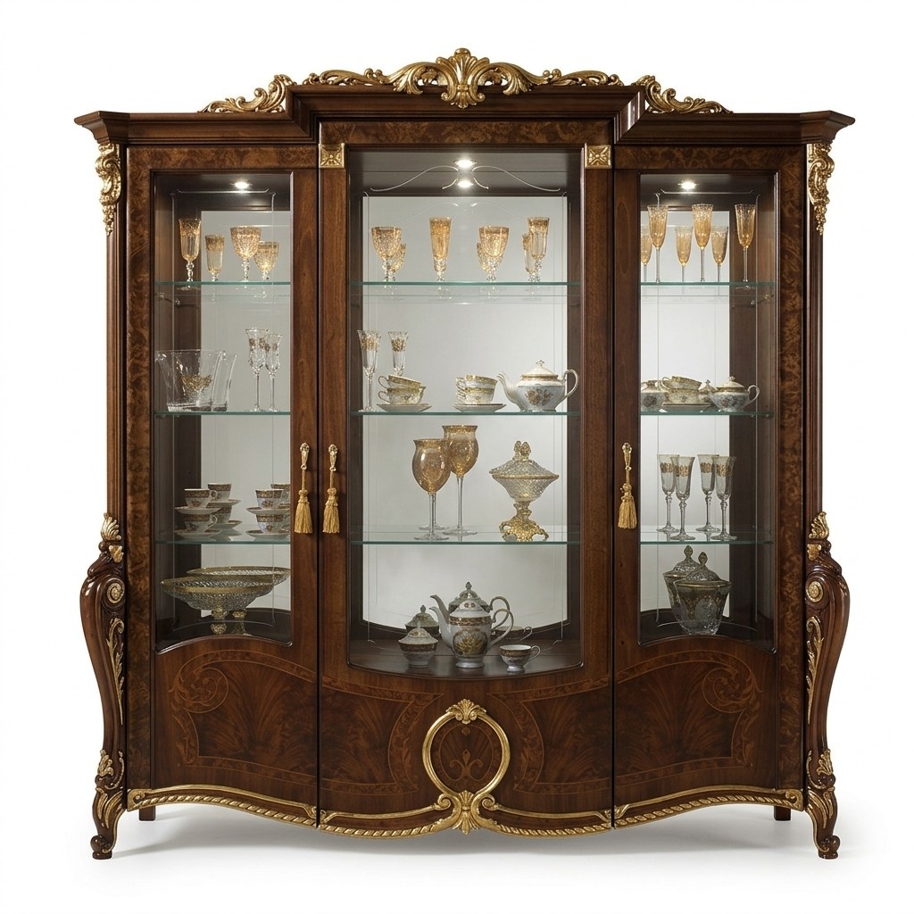 Italian furniture classic style living room wooden XXL showcase with three glass swing doors