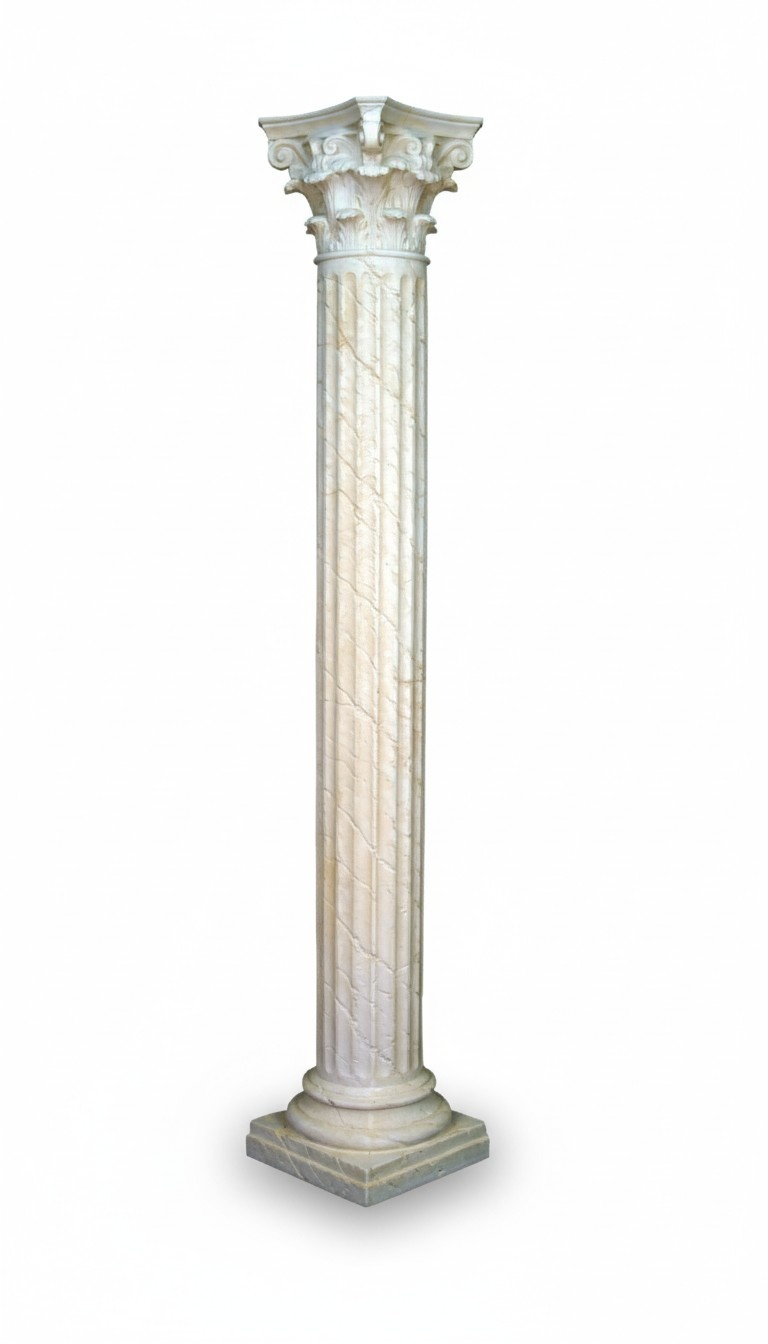 Decorative high column in antique greek corinthian order style with natural obsolescence 224cm height