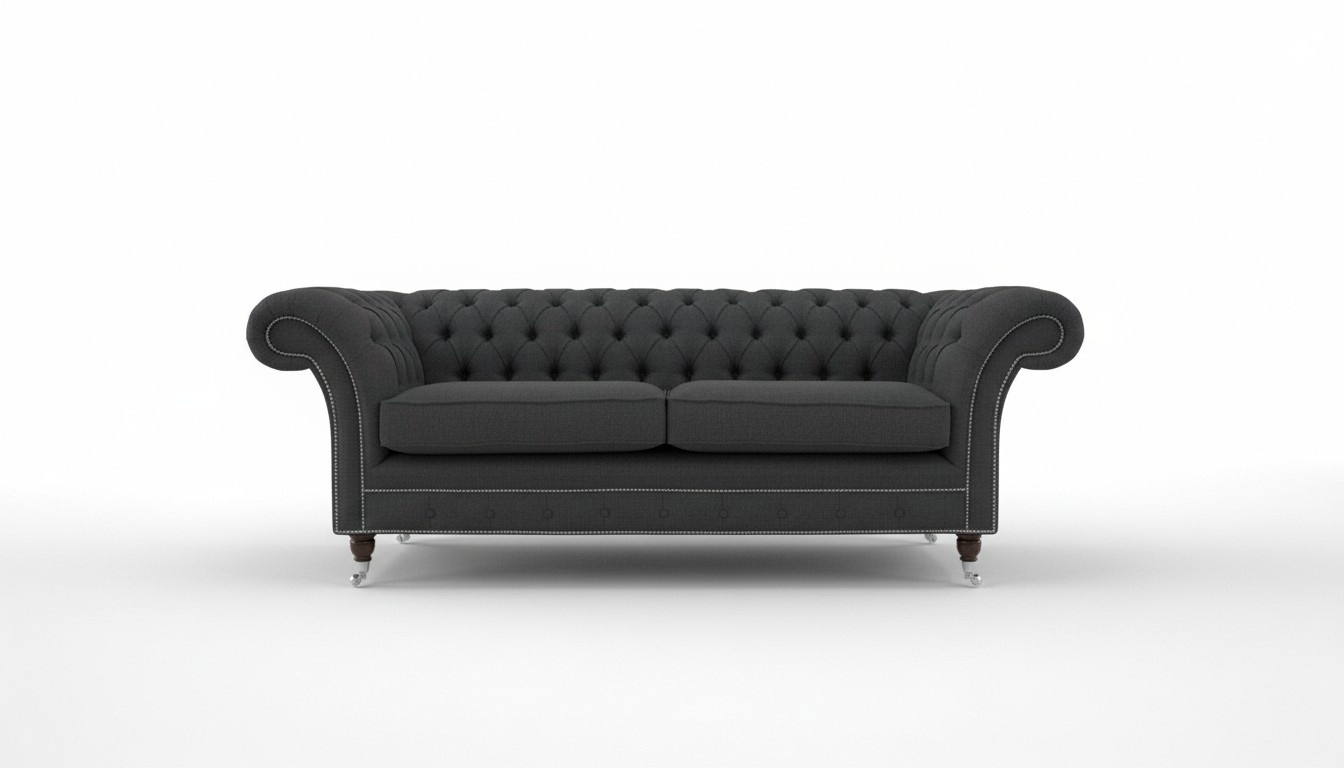 Chesterfield Sofa 3-Seater Black Textile Faux Leather Upholstery Luxurious Couch on Casters New