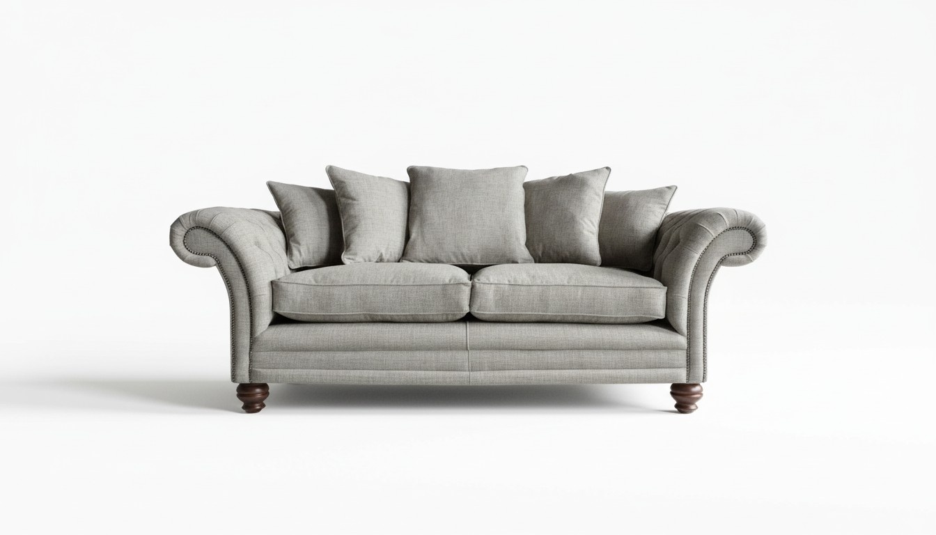 Sofa Chesterfield 3-Seater Grey Textile Upholstery Couch Wooden Feet Comfortable Sofa with Cushions New