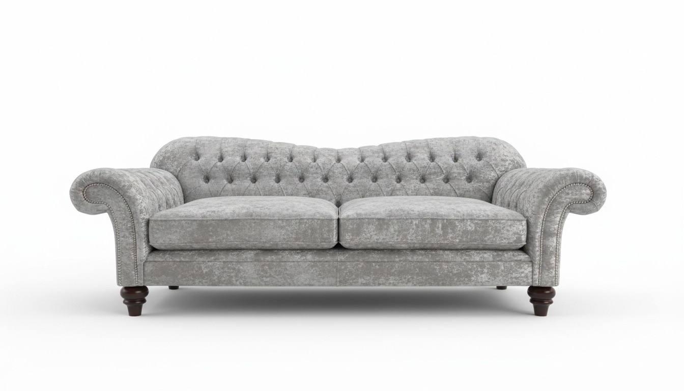 Chesterfield Sofa 3-Seater Silver Grey Velvet / Textile Couch Comfortable Classic Sofa New