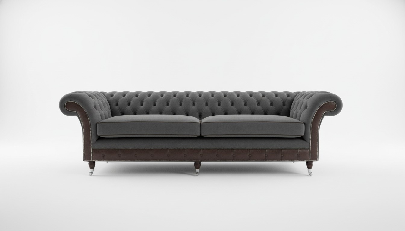 Chesterfield Sofa 4-Seater Grey With Soft Cushions Textile Upholstered Comfortable Couch New