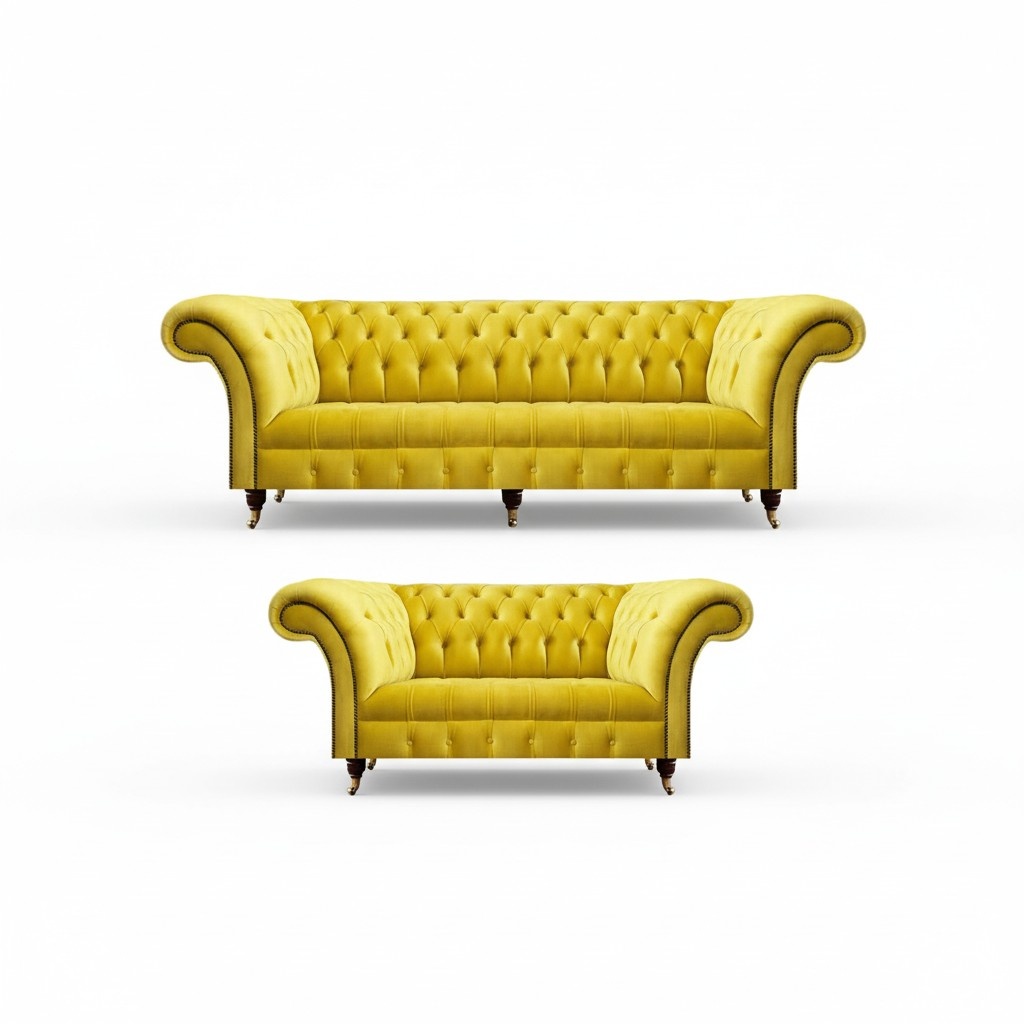Yellow Chesterfield sofa set Modern three-seater upholstery 2-seater