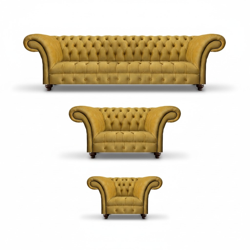 Yellow Chesterfield Sofas Luxurious Living Room Textile Sofas 3-piece Set