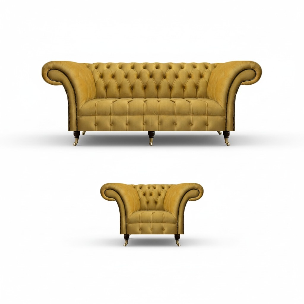 Yellow Chesterfield upholstered furniture designer 3-seater luxurious armchair 2-piece