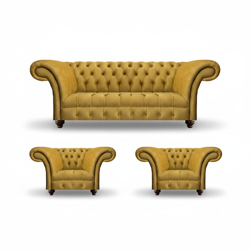Yellow Chesterfield Upholstered Living Room Sofa Elegant 3-Piece Set New