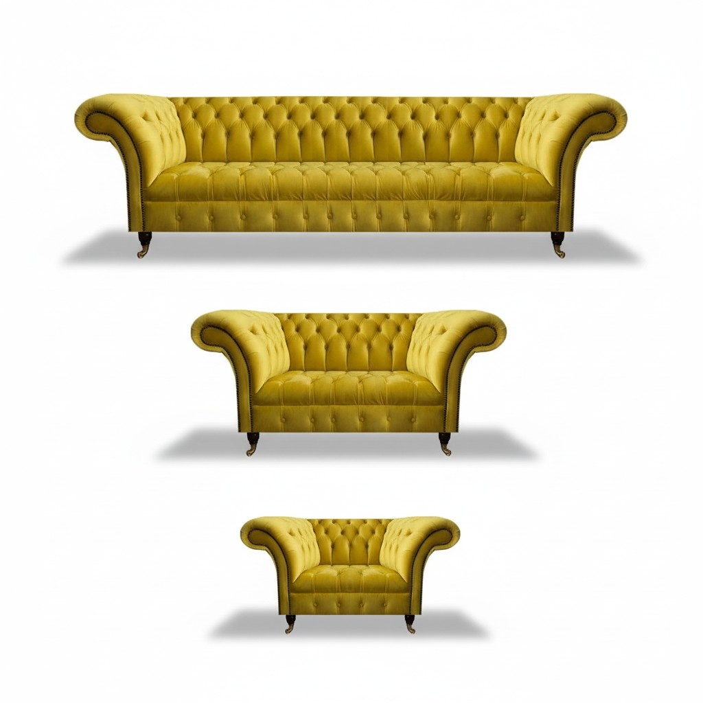 Yellow designer Chesterfield upholstery living room textile sofas 3-piece