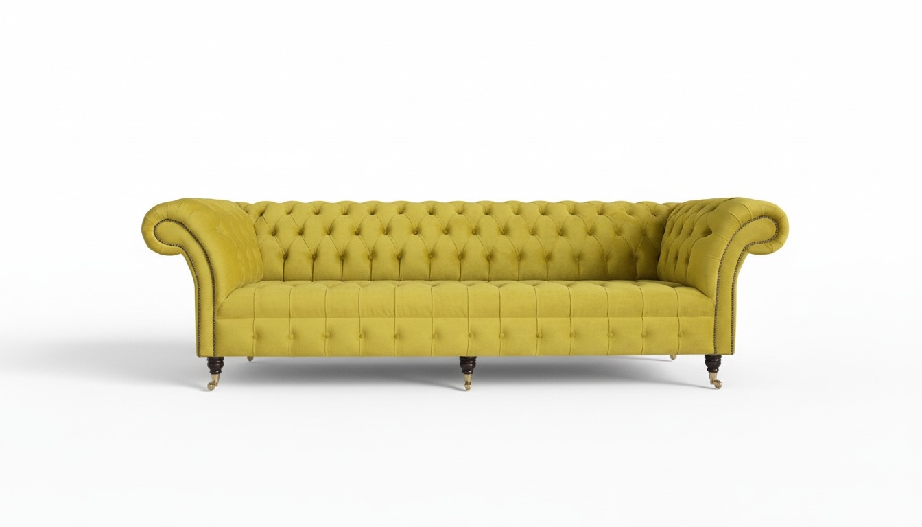 Yellow Chesterfield Sofa 4-Seater Textile / Leather Upholstered Comfortable Couch on Casters (Wheels)