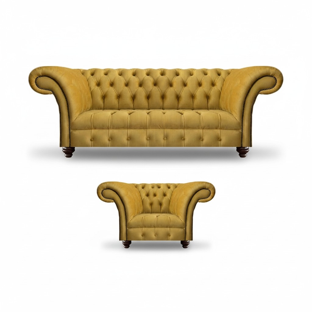 Yellow Sofa Set Armchair Luxury Textile Sofa Three Seater Couch Chesterfield Seat Furniture