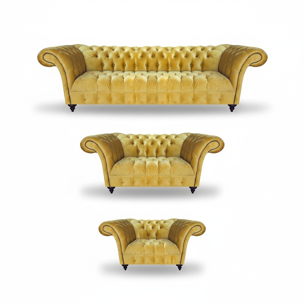 Yellow textile Chesterfield sofas designer living room set 3 pieces