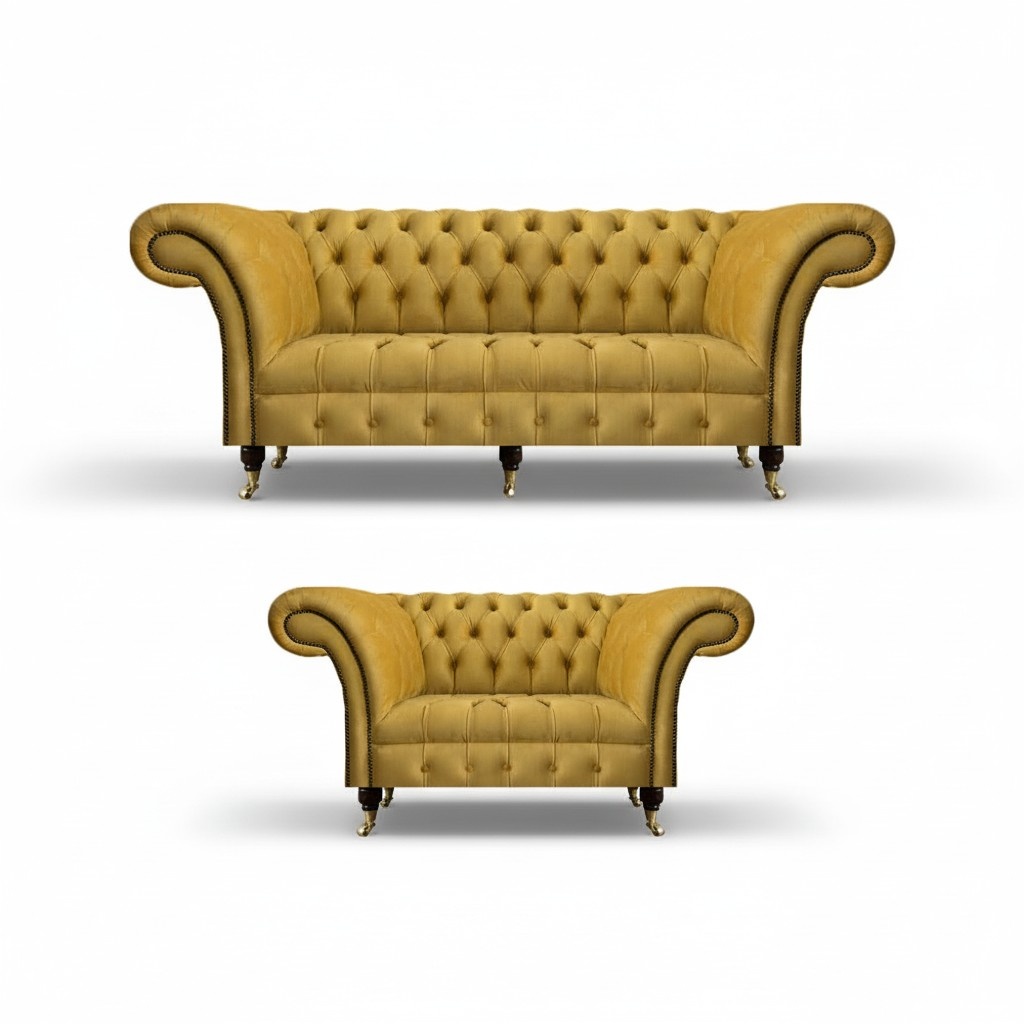 Yellow upholstered furniture designer Chesterfield sofas three-seater textile sofas