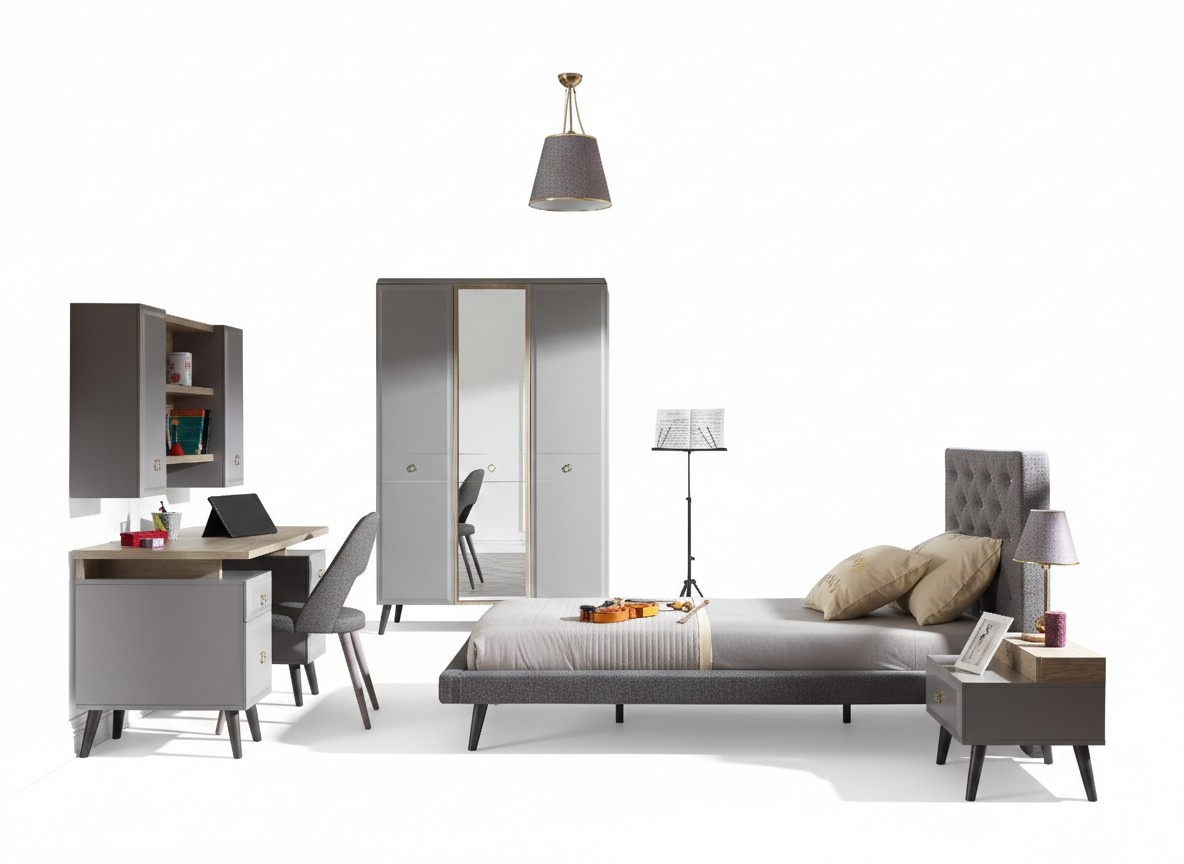 Youth bed bedroom furniture wooden bed complete bed grey set 5pcs