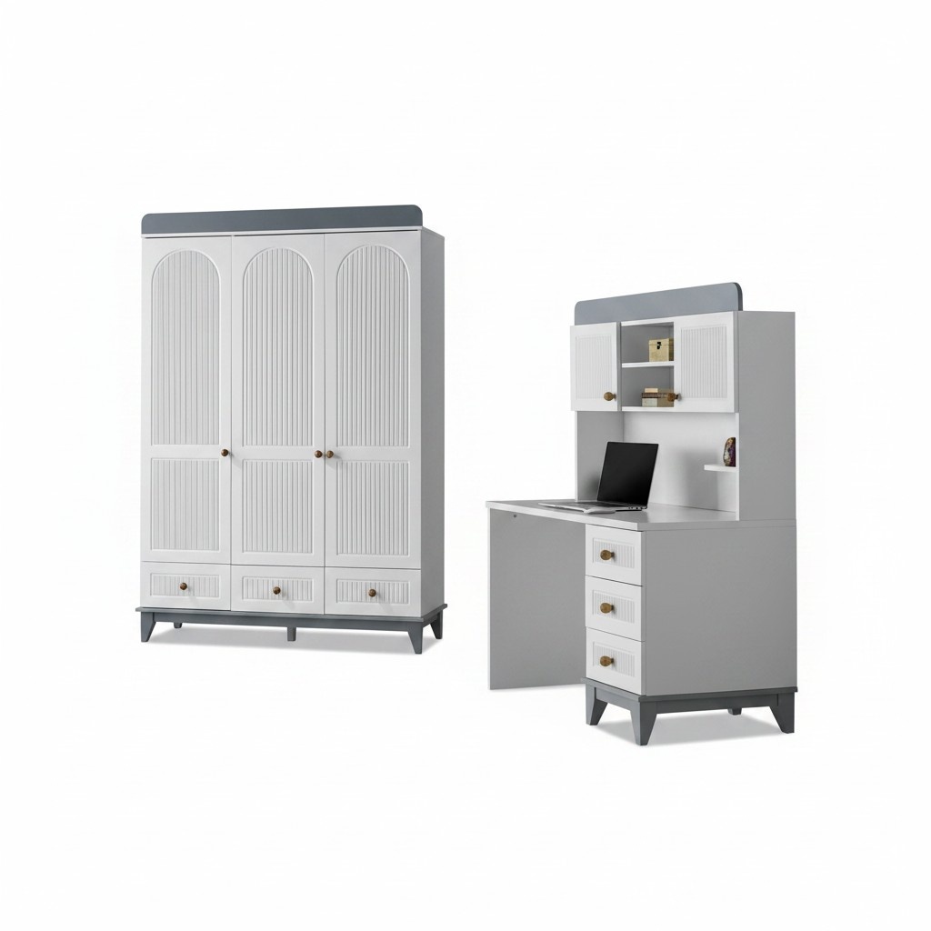 Youth Room Modern Wardrobe Desk Wood Furniture Design 2-Piece Set