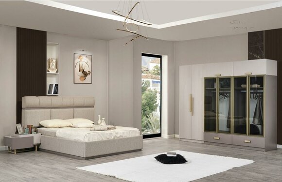 Bedroom set double bed bedside tables wardrobe beige 4 pcs