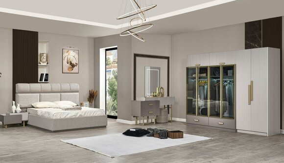 Bedroom set double bed bedside tables wardrobe console beige 5 pcs
