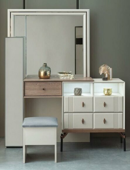 White Dressing Table Glass Mirror Luxurious Stool Modern Furniture