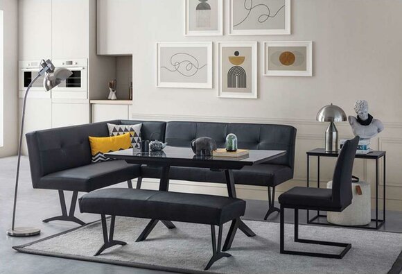 Stylish black dining room set leather corner bench seats luxury chairs