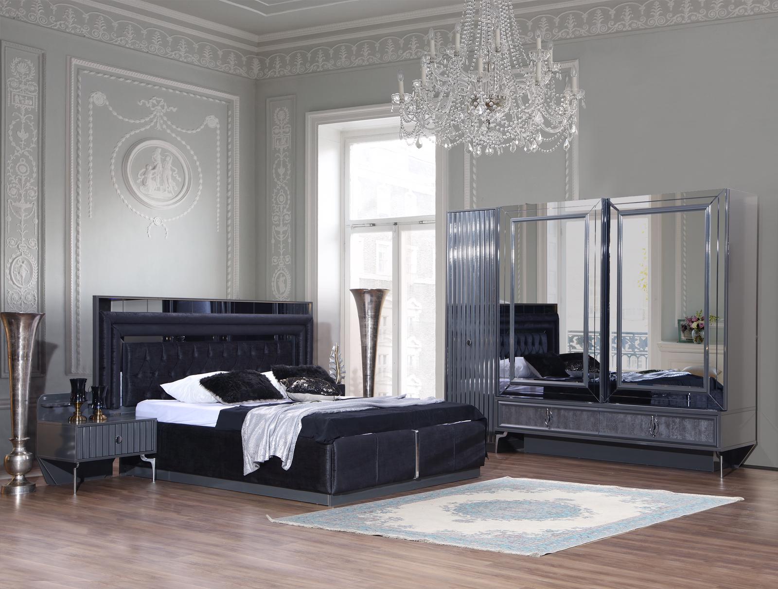 Black bedroom set luxury set bed 2x bedside tables wardrobe