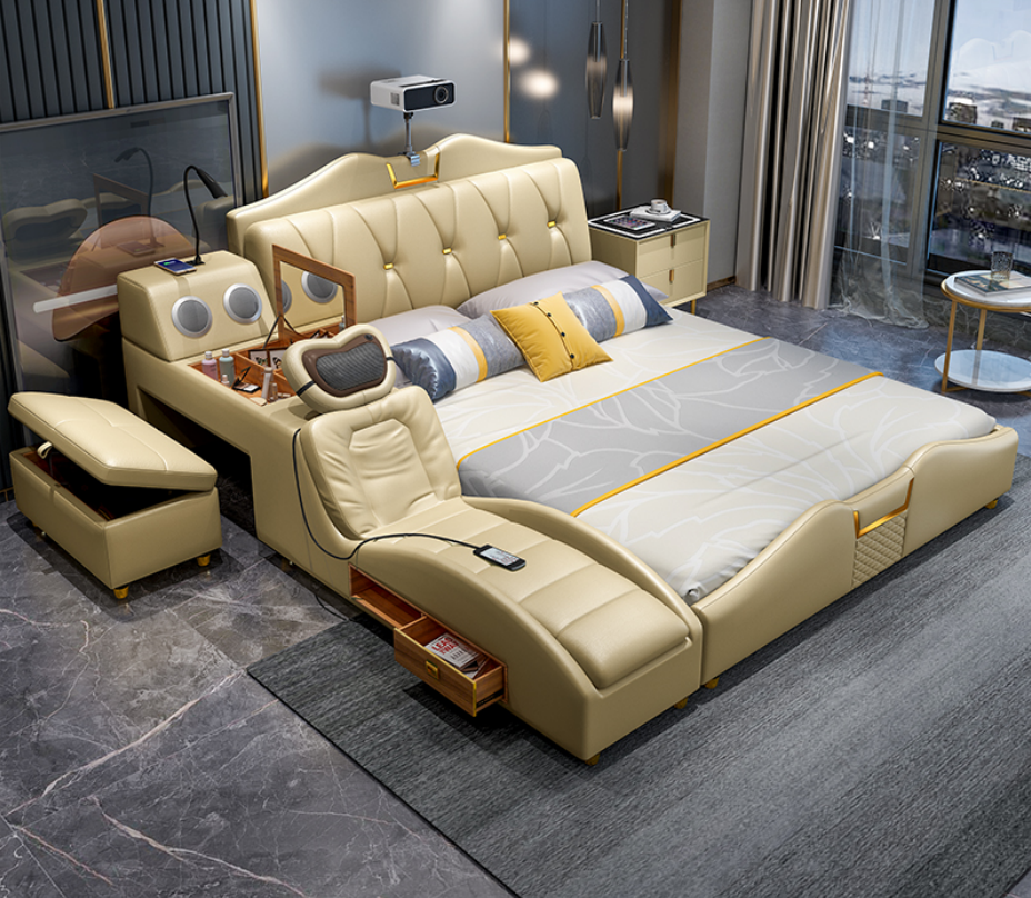 Design Bed Beige Hotel Upholstery 180x200 Multifunction Shelf Beds New