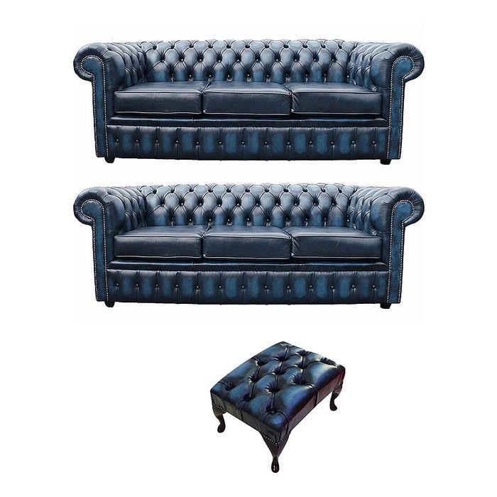 Chesterfield Sofa Set 3+3 Seaters + Stool Blue Faux Leather High-quality Couches New