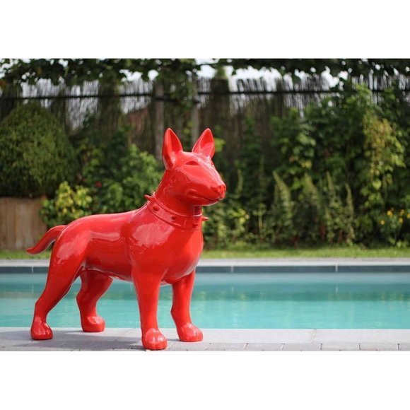 Abstract decorative sculpture designed as full red colored gloss bull terrier (A526A)