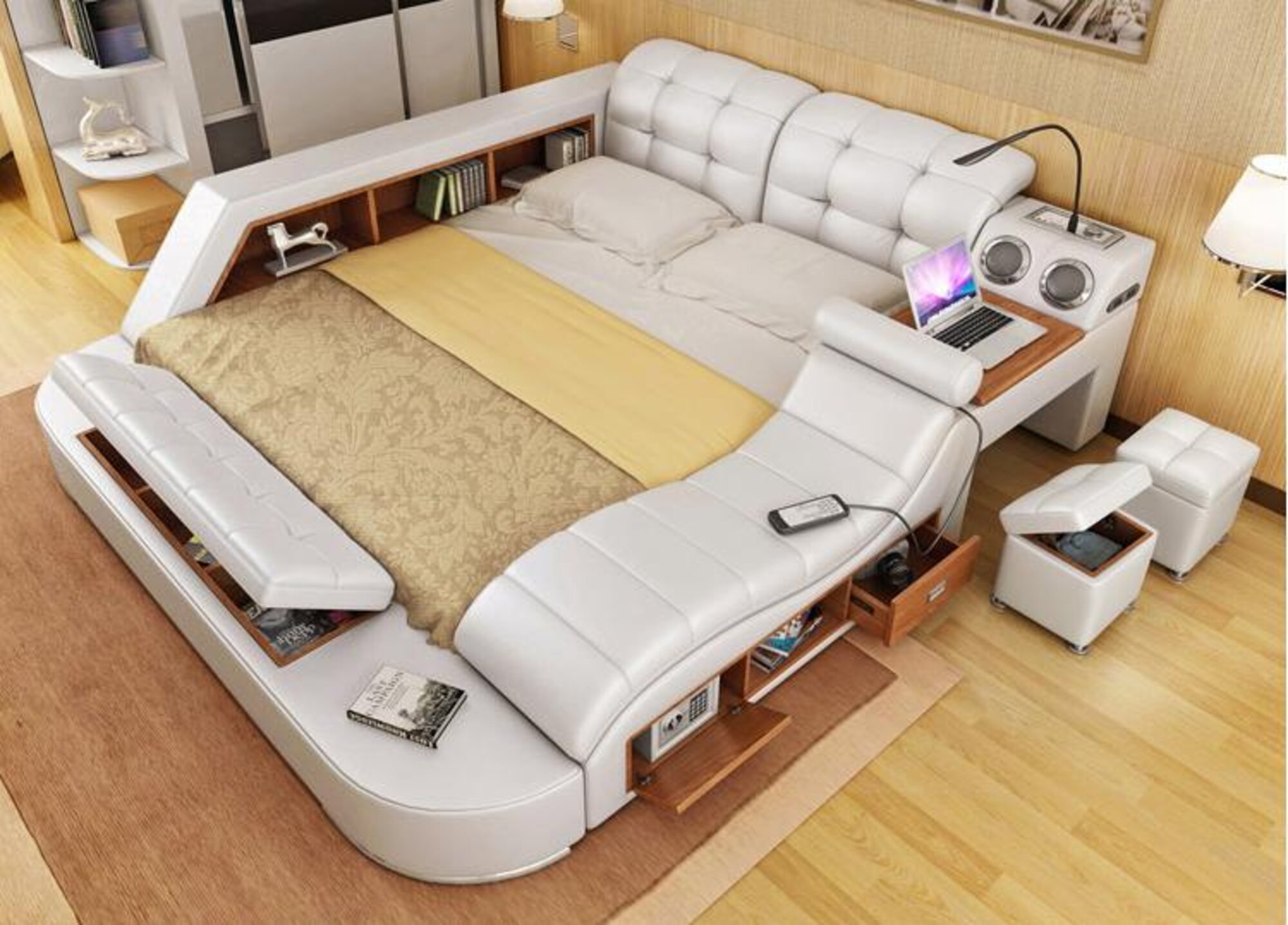 Bed Double Shelves Leather Upholstery Beds Multifunction with Massage Function New