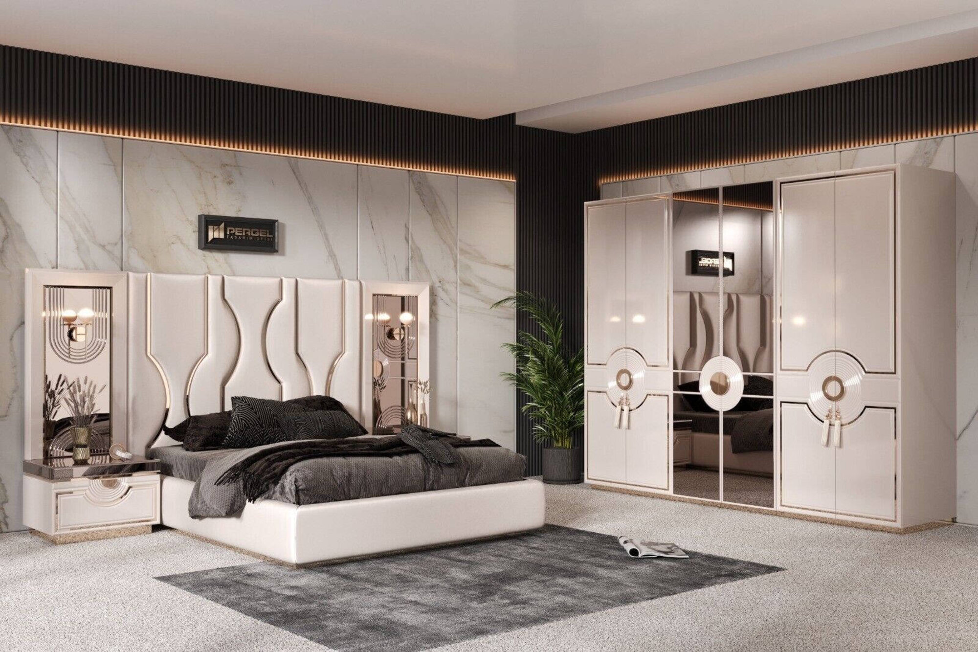 Modern bedroom set, 5 pieces. Luxury bed, wardrobe, bedside tables, dressing table