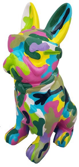 Abstract decorative sculpture designed as sitting colorful dog in army style (A627C) 80cm height