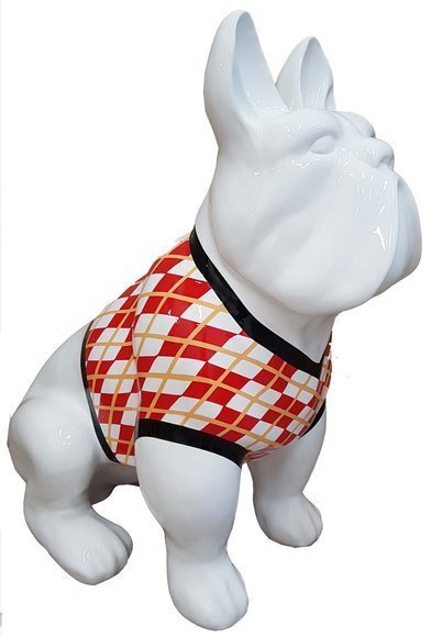 Abstract decorative sculpture designed as white colored sitting dog in colorful shirt 79cm (A749)