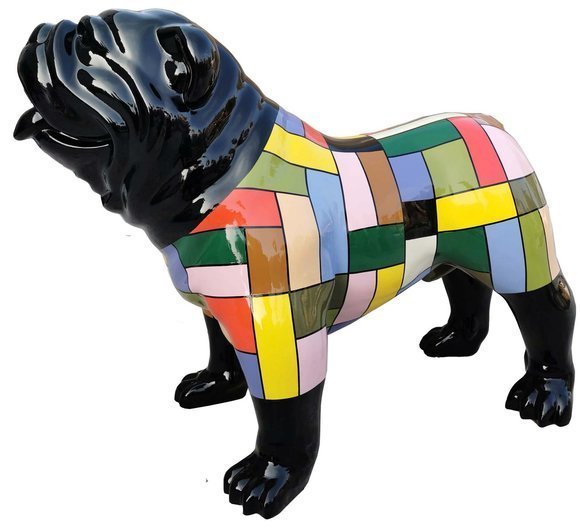 Abstract decorative sculpture designed as black gloss dog with colorful shirt 74x90cm