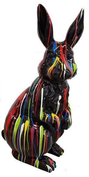 Abstract decorative sculpture designed as gloss black colored rabbit in colorful stripes 110cm (A468B)