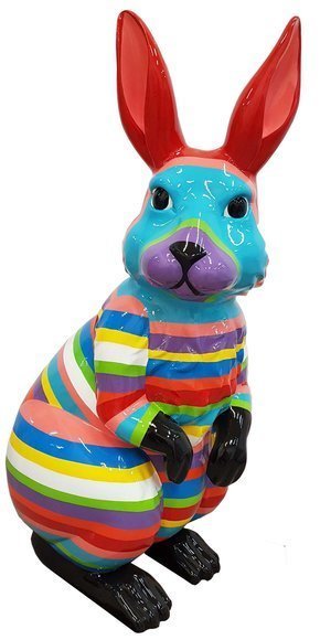 Abstract decorative sculpture designed as standing blue face rabbit in colorful stripes 110cm (A468C)