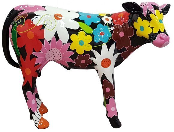 Abstract black colored decorative cow figure with colorful flowers 100x120cm (A772)