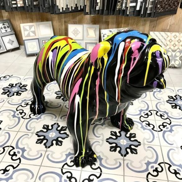 Decorative abstract sculpture designer black dog with colorful stripes 32x55cm A515D