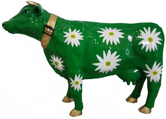 Decorative sculpture designed as full green colored gloss cow with flowers 67x104 cm (A670A)