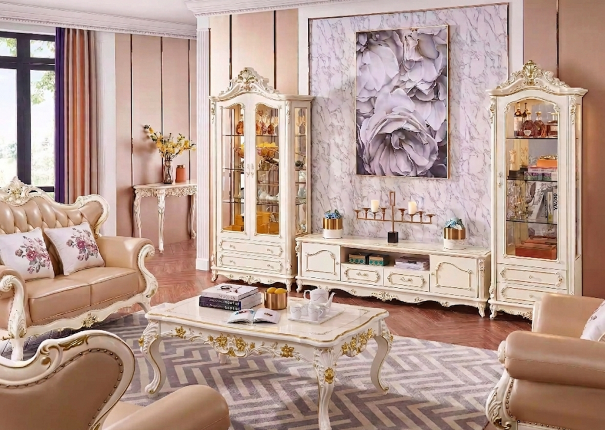 Living room set chic classic furniture TV stand 2x display cabinet coffee table