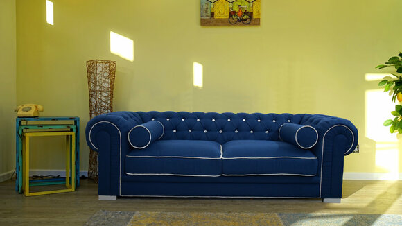 Buy Chesterfield Sofa 3-Seater Blue Textile Upholstered New Comfortable With Cushions Modern Design