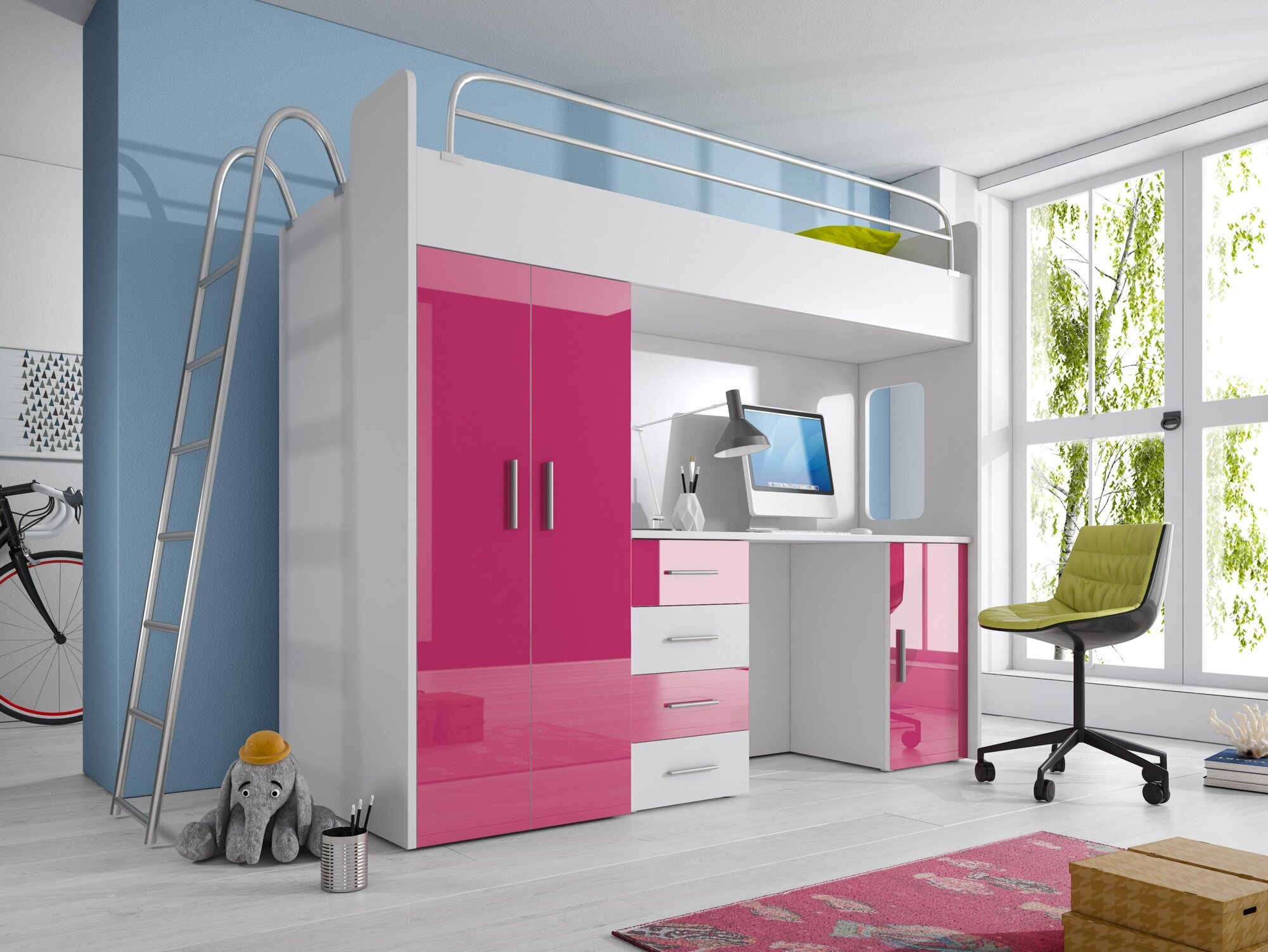 DOUBLE BUNK BED BUNK BED WITH DESK + WARDROBE PINK