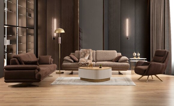 Beige-brown living room sofa set 3 seater upholstered chair coffee table