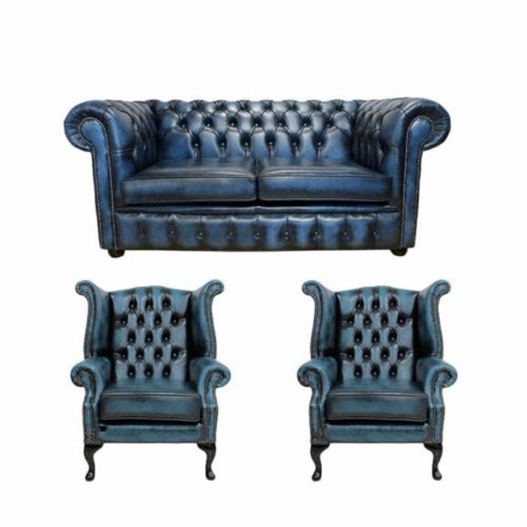 Classic Chesterfield Sofa Set 2-Seater + 2x Wing Chair Blue Faux Leather New