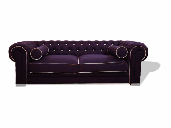 Chesterfield Sofa 3-Seater Dark Purple Textile Upholstery Comfortable Couch Soft