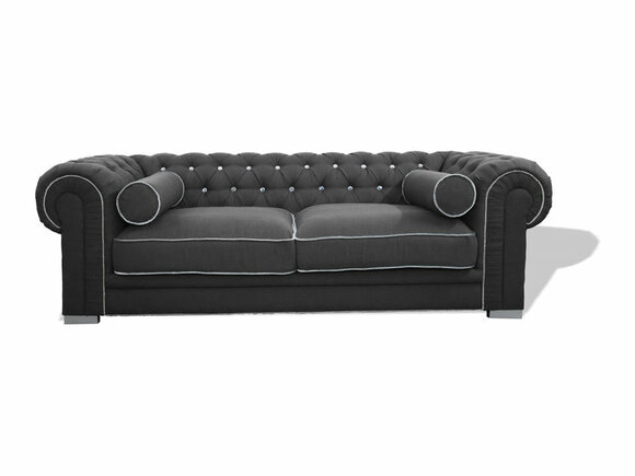Chesterfield Sofa 3-Seater Dark Grey Textile Upholstery With Cushions Amazing Comfort Stable Frame New