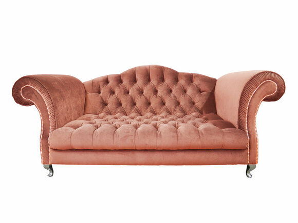 Chesterfield Sofa 3-Seater Peach Colour Textile Upholstered With Buttons Metal Feet New