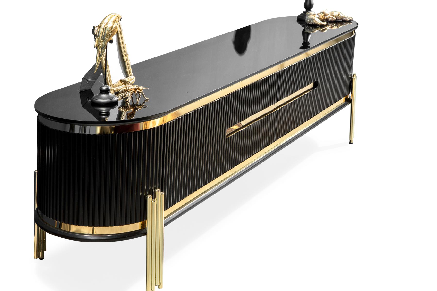 Modern lowboard luxury RTV TV stand living room furniture black gold on stock